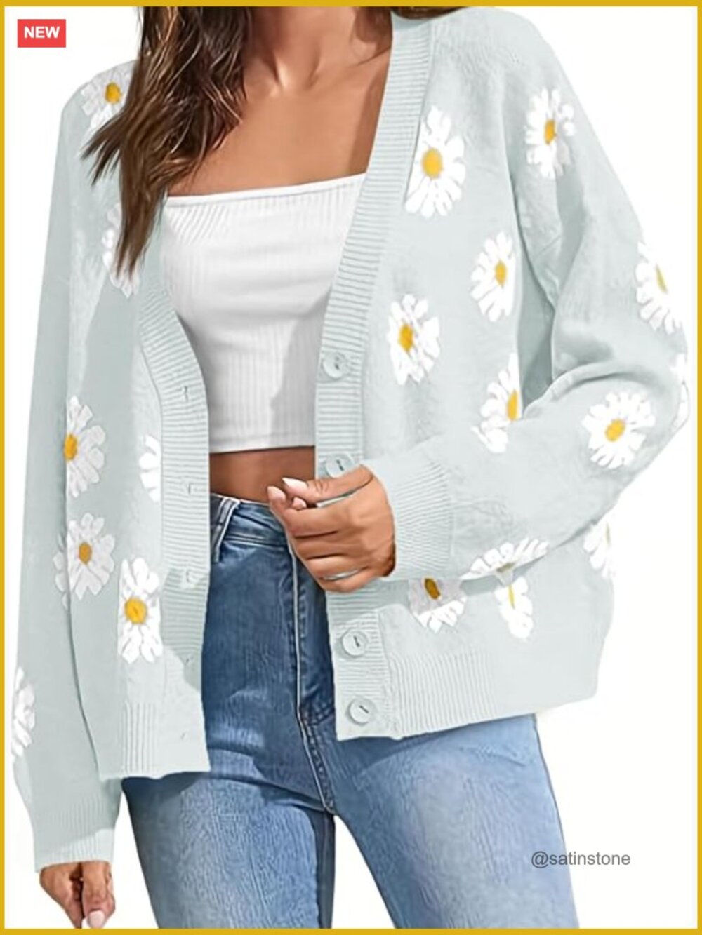 Floral Print Cardigan Long Sleeve Open Front Button Down V Neck Knitted Sweater